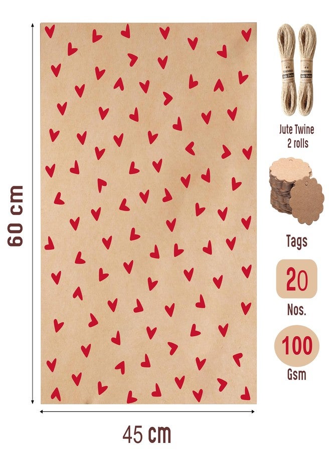 TOWNBUS |pack of 20 |45cm x 60cm |100 gsm Kraft Paper with Heart Print in Red | with 20 tags & jute ropes | Perfect for Gift packing, bouquet wrapping and so on - Image 2